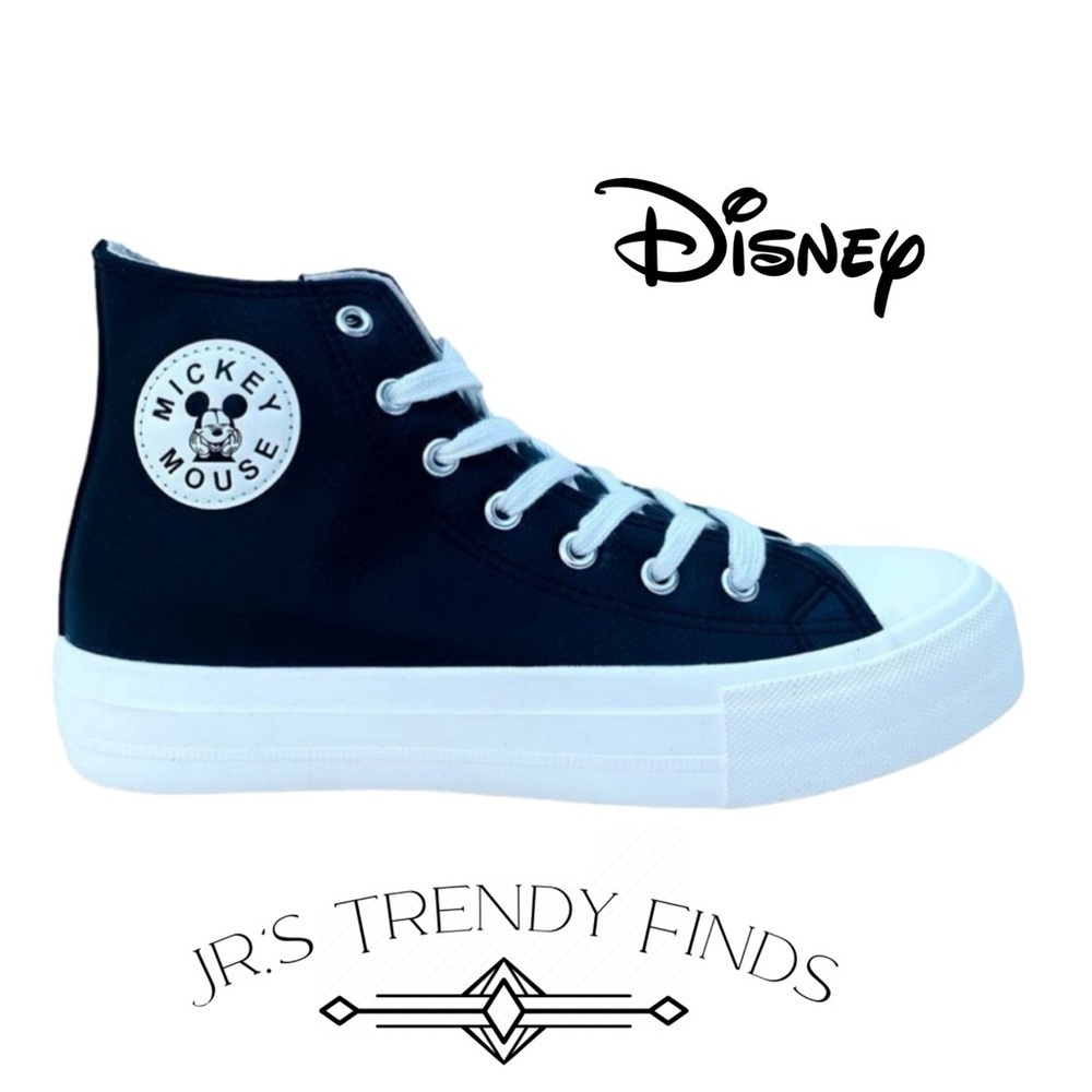 Disney Women’s Black Faux Leather Mickey Mouse High Top Lace Up Sneaker Shoes